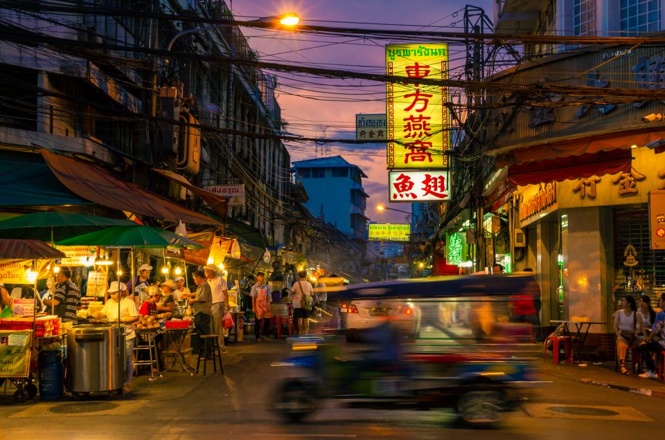 Night time street scene in Hanoi's old quarter.