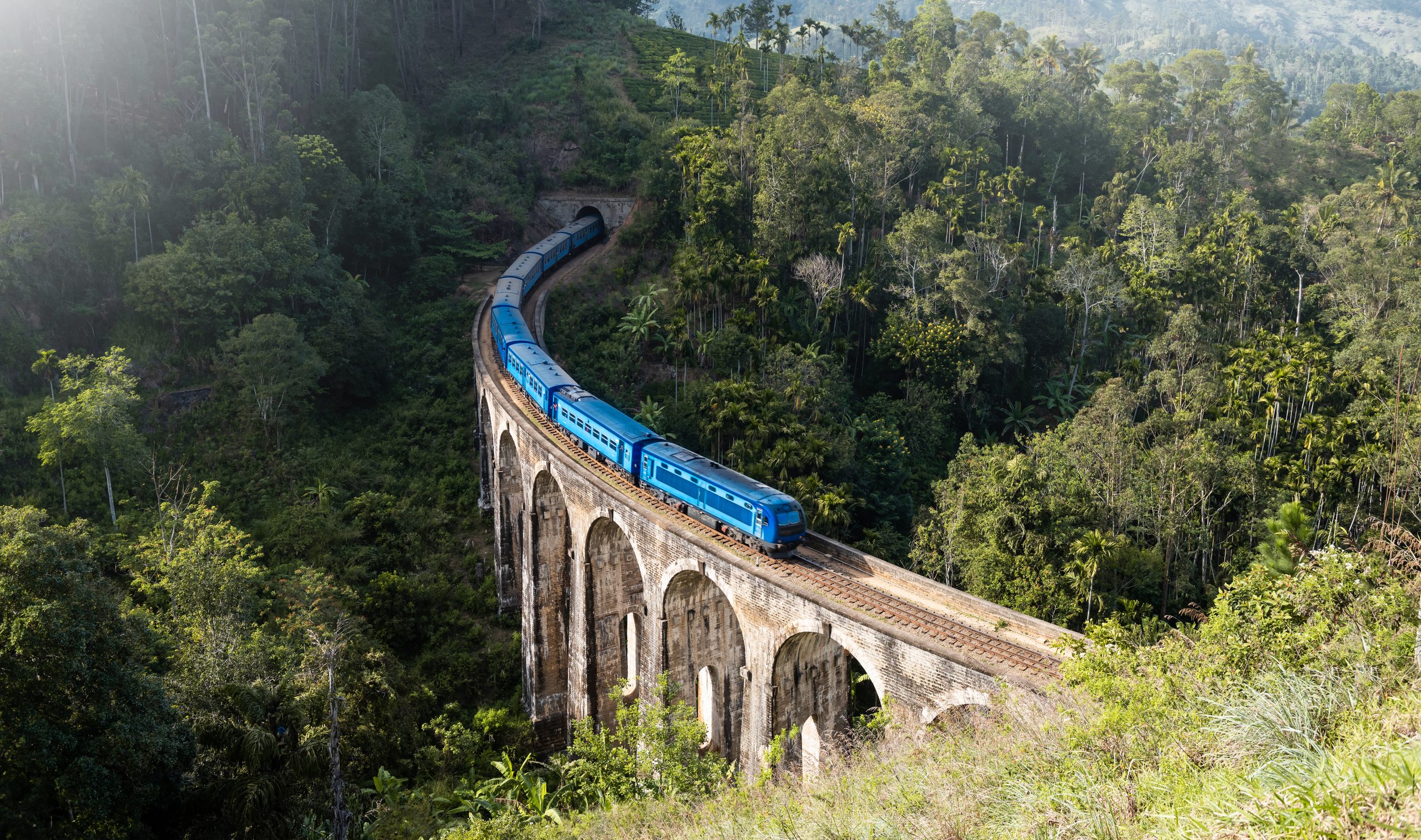 Train crossing Nine Arch Bridge, near Ella Sri Lanka.