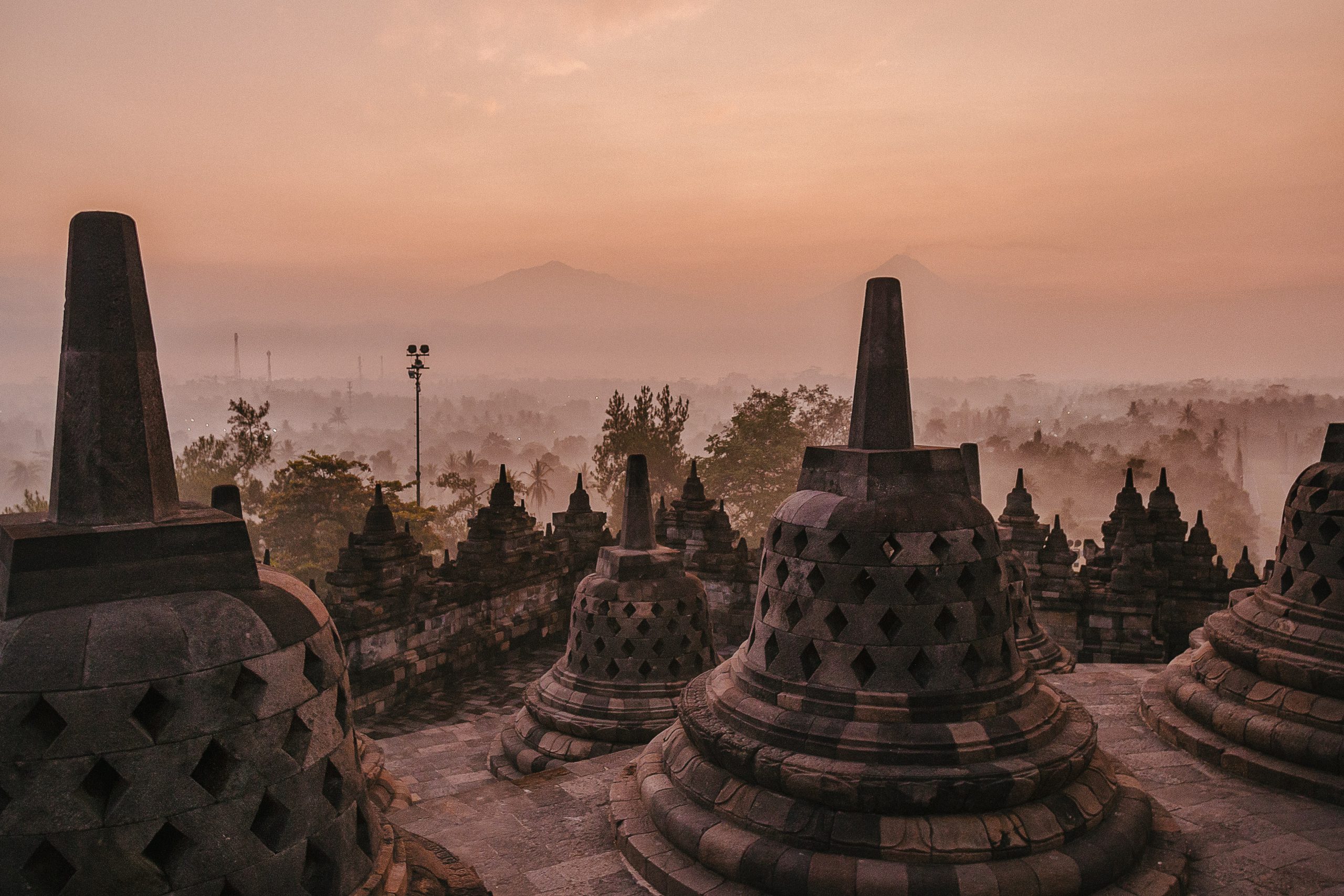 View of Borobodur Temple from the top looking outwards at sunrise