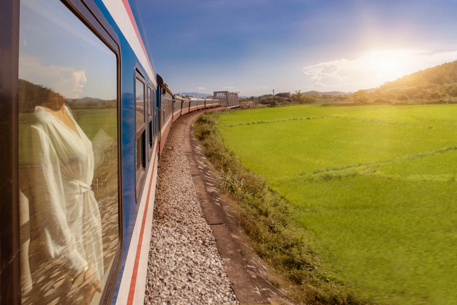 View of Vietage train passing paddy field, Vietnam