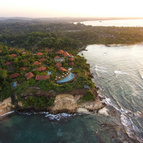 Ariel view of Cape Weligama Resort atop a cliff